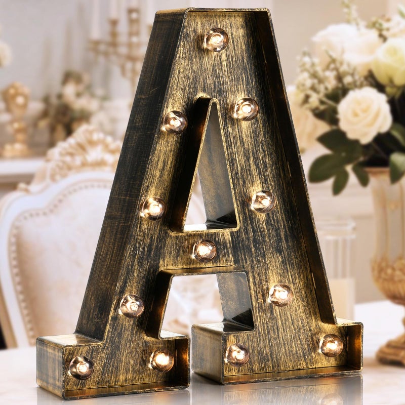 OYCBUZO Golden Black Led Marquee Letter - Industrial, Vintage Style Light Up Alphabet Letter Sign for Cafe Wedding Birthday Party Christmas Lamp Home Bar Initials Decor - A - Image 1